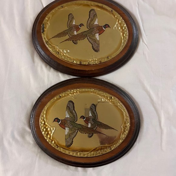 2 Oval Wood Metal Plaques Pheasants 10-3/4"x8-3/4" Cabin Wall Decor Man Cave - Picture 1 of 1